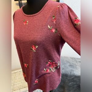 Floral Embroidered Women's Top - burgundy with floral detail